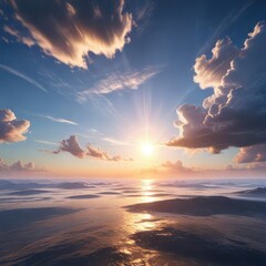 Fototapeta premium A breathtaking blue sky with wispy clouds drifting across the horizon, illuminated by a radiant sun from behind, sunny weather, gentle breeze