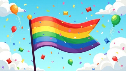 Fototapeta premium Festive Rainbow Pride Flag with Balloons and Confetti in Sky LGBTQ Celebration Illustration