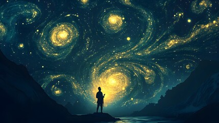 A Solitary Figure Contemplates A Celestial Swirling Starry Night