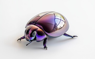A metallic purple dung beetle with a smooth reflective shell, placed neatly on a crisp white background