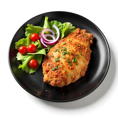 A breaded and fried chicken breast served on a black plate with a fresh green salad , cherry tomatoes , and red onion slices 
