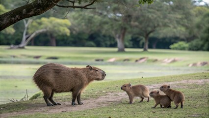 Fototapeta premium A capybara mother with her babies on land, wildlife photography, semi-aquatic mammal, guinea pig lookalike, family bonding, capybara mother
