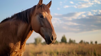 Obraz premium Horse grazing peacefully under a clear blue sky and open fields