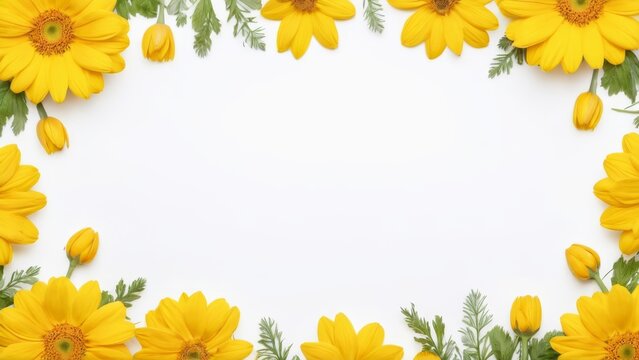 white background prepared for text in the center surrounded by yellow flowers - Powered by Adobe