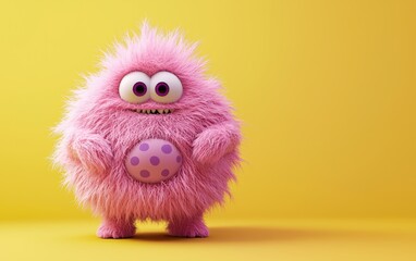 Fototapeta premium Adorable 3D pink fluffy monster with a round belly, visible navel, and purple polka dots, standing on a pastel yellow background, cartoon style