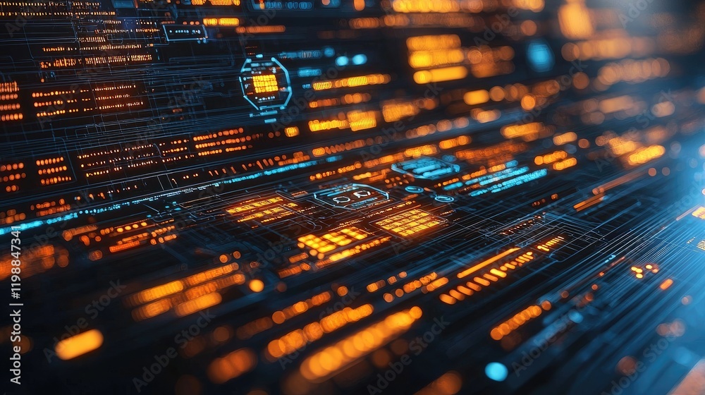 Poster abstract digital interface showing data streams and circuits
