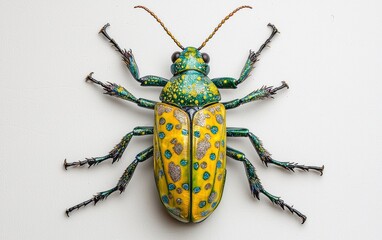A vibrant green-and-yellow blister beetle with elongated body and fine details, perfectly centered on a white backdrop