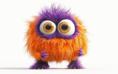 Fototapeta premium Adorable orange and purple fluffy monster with giant eyes, standing on a stark white background