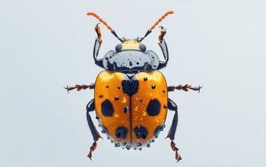 A vibrant orange and black ladybug with sharp details on its legs and spots, perfectly centered on a clean white background