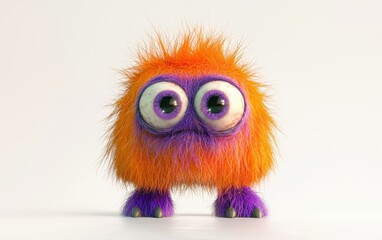 Naklejka premium Adorable orange and purple fluffy monster with giant eyes, standing on a stark white background