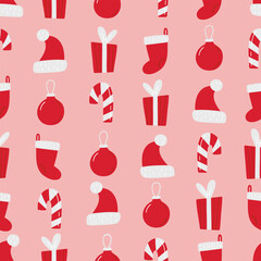 Cute vector Christmas pattern with candy cane, Santa hat, socks, balls, gifts. Seamless texture with red holiday symbols on pink background. Template for wrapping paper 