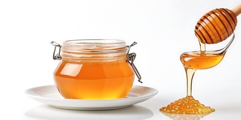 Honey in a Jar Bottle, White Background, Dripping, Organic Food Healthy