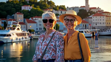 two senior old Caucasian woman smiling together at beautiful pier and coastal townscape in summer holiday	
 - Powered by Adobe