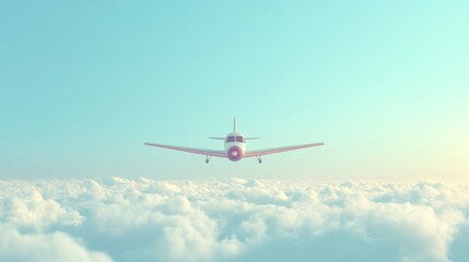 Naklejka premium Small airplane flying above fluffy clouds in pastel sky