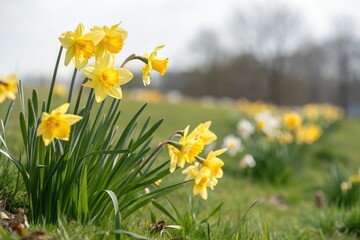 Obraz premium A colorful patch of freshly picked daffodils swaying gently in the spring breeze, daffodils, bloom, green