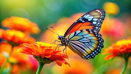 Fototapeta premium A colorful rainbow-colored butterfly perched on a bright orange flower, butterflies, garden