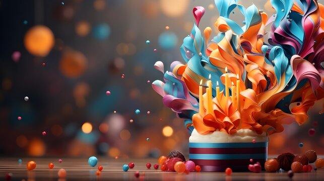 A cheerful birthday invitation template featuring "Happy Birthday" text with playful party hat, balloon, cake, and whistle elements, all against a colorful abstract background