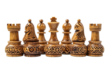 Detailed carved wooden chess pieces showcased on a white background emphasizing their intricate design and craftsmanship