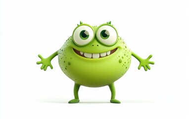 Fototapeta premium Cartoonish little green monster with tiny arms and a cheerful face, isolated on a white background
