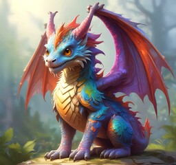 Fototapeta premium Illustration of fluffy tiny dragon baby.