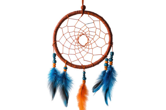 Colorful dreamcatcher with feathers and beads hanging against a light background
