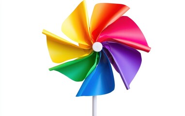 Colorful rainbow pinwheel spinning, isolated on a clean white backdrop