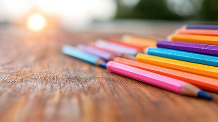 Naklejka premium Colorful pencils on wooden table, sunset background; education, creativity