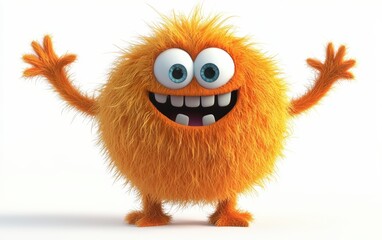 Naklejka premium Cute furry orange monster, 3D cartoon character, with a round body and floppy arms, isolated on white background
