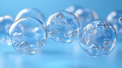 Transparent bubbles floating in a blue background, creating a serene and light atmosphere.