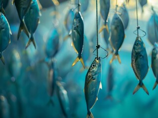 "Blue fish hanging on hooks, showcasing natural preservation method in daylight"