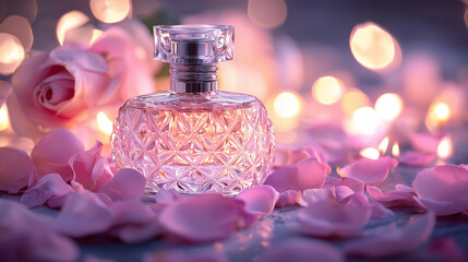 A romantic image of a luxurious perfume bottle with intricate floral designs, surrounded by soft pink rose petals and glowing candlelight, creating a warm, elegant atmosphere.