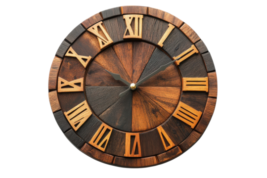 Wooden wall clock with Roman numerals showcasing intricate craftsmanship and natural wood tones