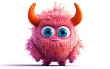 Fototapeta premium Fluffy pink monster with bright orange horns and big blue eyes, standing on a bright white background