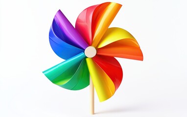 Colorful rainbow pinwheel spinning, isolated on a clean white backdrop
