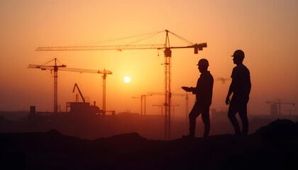 Construction workers silhouette at sunset with cranes in background