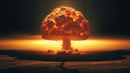 Enormous nuclear explosion expanding over desolate landscape at sunset