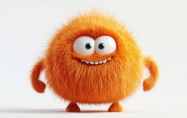 Fototapeta premium Cute furry orange monster, 3D cartoon character, with a round body and floppy arms, isolated on white background