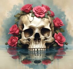 Illustration of human skull with roses.
