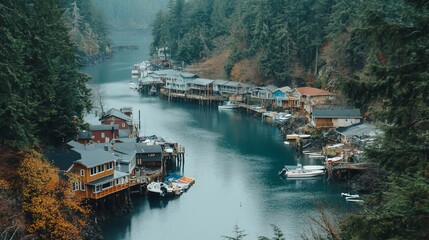 Obraz premium Picturesque Waterfront Village Nestled in a Serene Fjord