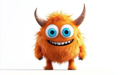 Naklejka premium funny Fluffy bright monster with horns and big blue eyes, cartoon charachter standing on a bright white background