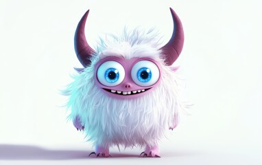 Naklejka premium funny Fluffy bright monster with horns and big blue eyes, cartoon charachter standing on a bright white background