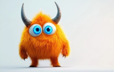 Fototapeta premium funny Fluffy bright monster with horns and big blue eyes, cartoon charachter standing on a bright white background