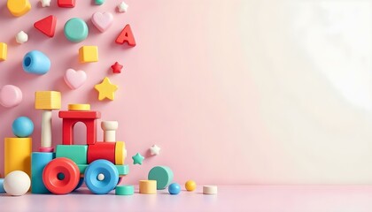 A wooden toy train and blocks showcased on a pink backdrop, capturing the essence of a fun and engaging preschool and kindergarten atmosphere
