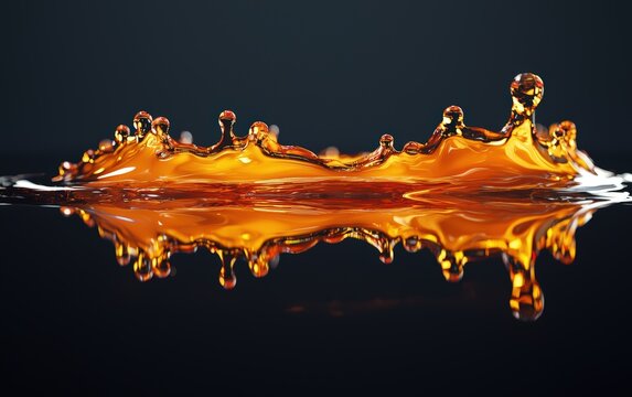 Gasoline droplets forming a puddle on a reflective surface, isolated on a dark background