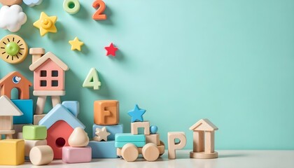 Fototapeta premium A lively wooden toy train paired with blocks on a blue backdrop, ideal for educational play in preschool and kindergarten settings