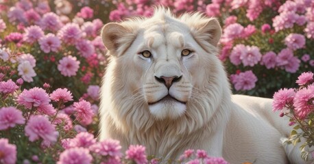 A majestic white lion roams freely in a bed of soft pink flowers and colorful blooms, roaming free, strong