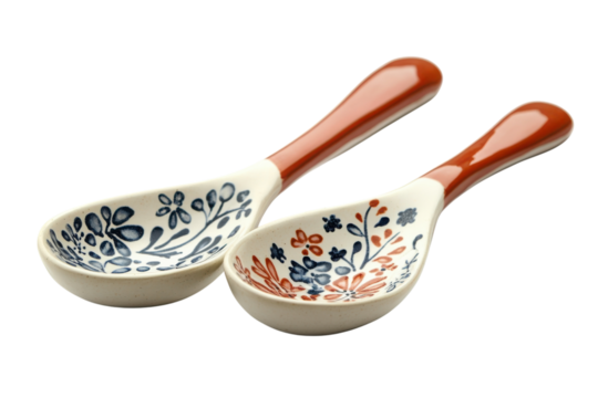 Decorative ceramic spoons with floral designs in contrasting colors displayed on a white background