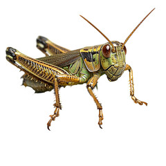 A detailed close-up of a grasshopper showcasing its vibrant colors and intricate body structure.