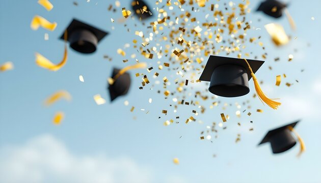 A festive celebration erupts with caps flying and confetti cascading, highlighting important milestones in higher education
