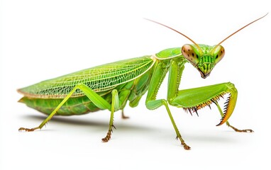 Macro photo of a vibrant green praying mantis, finely detailed texture, sharp focus, isolated on a bright white background